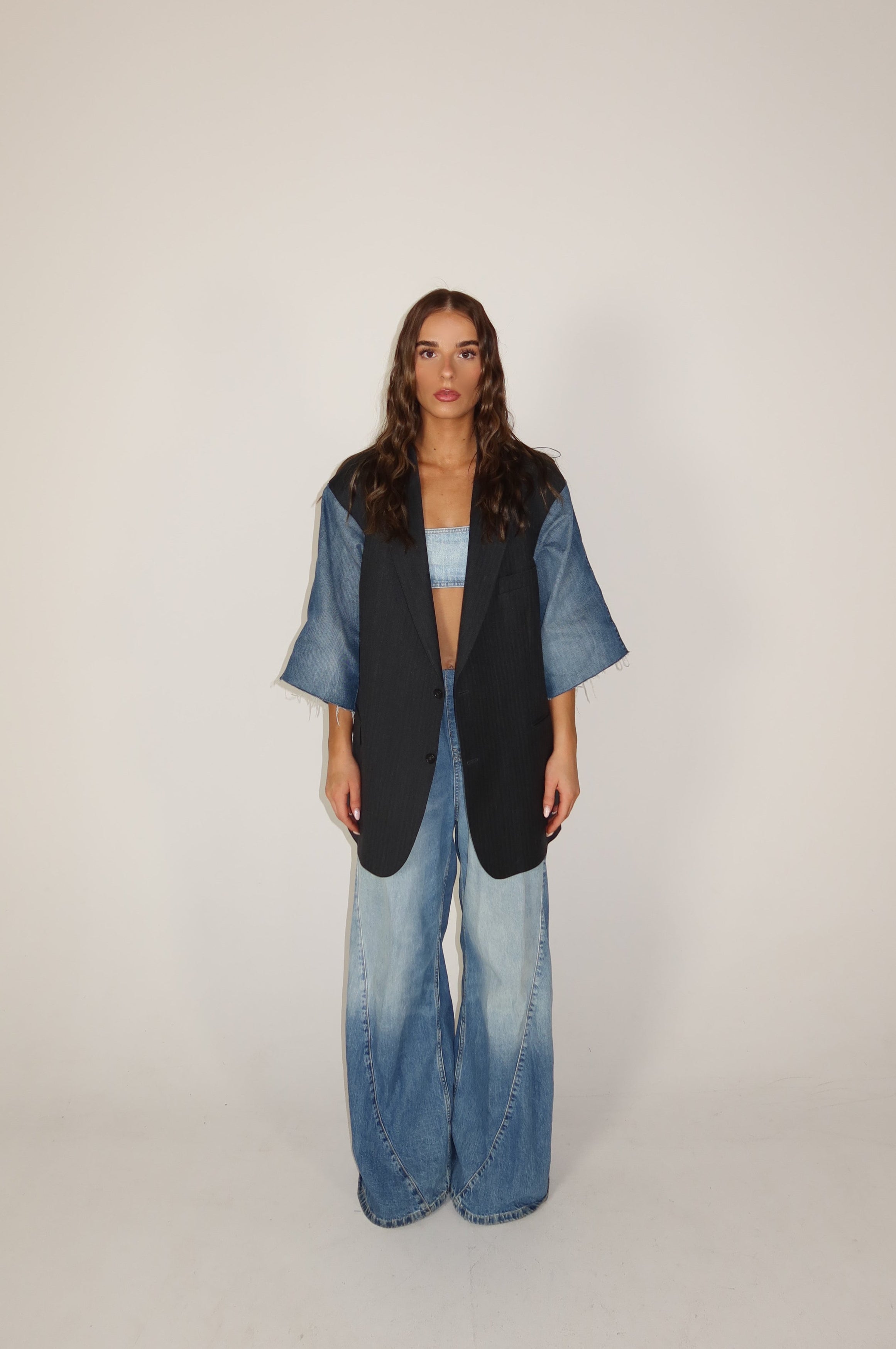 'SLAY' denim short sleeve blazer